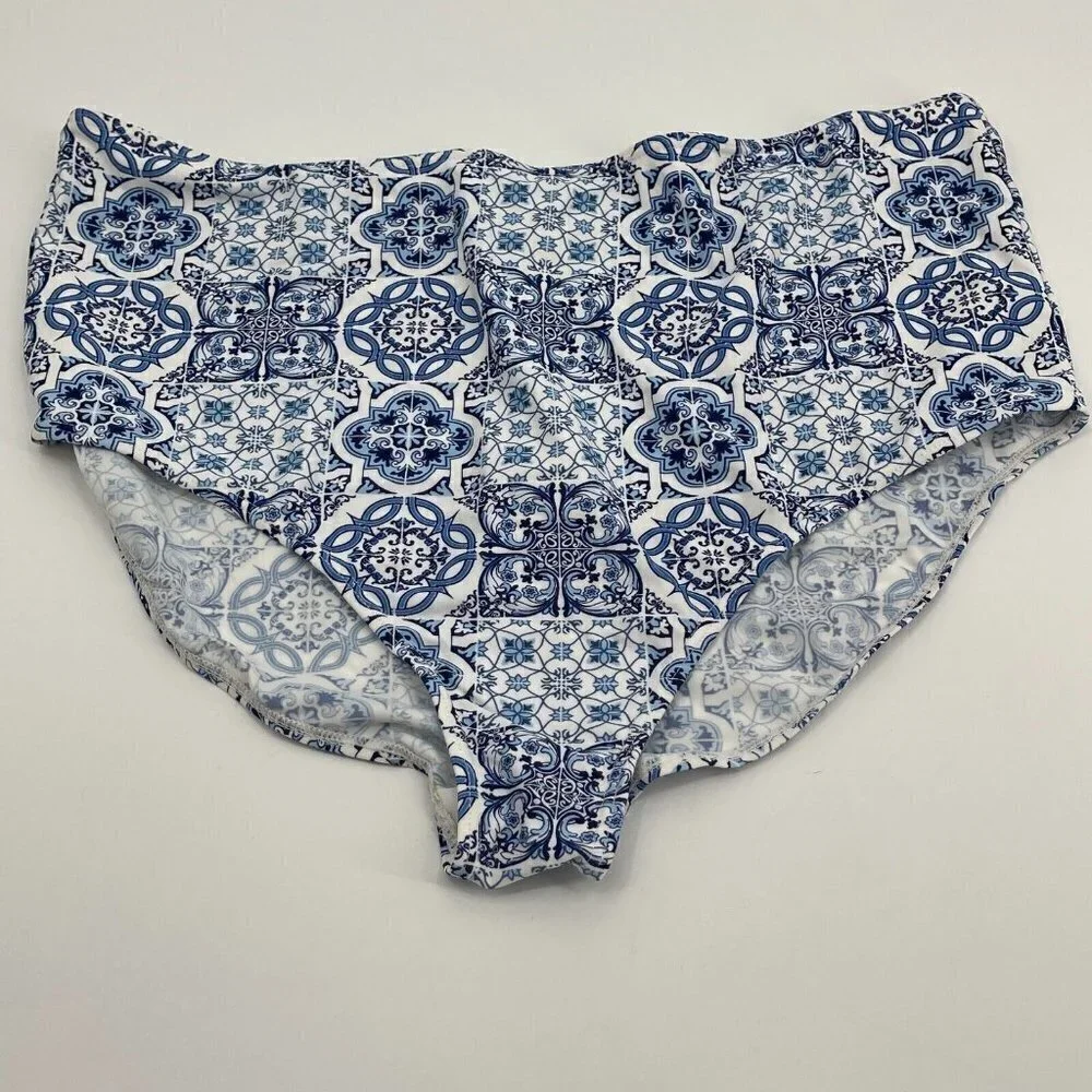 Boohoo Bikini Bottom 18 Womens Blue Plus Riley Casual Beach White Preppy Stretch